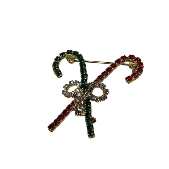 Christmas Candy Cane Rhinestone Brooch Pin With Gold-Tone Finish - Picture 3 of 5